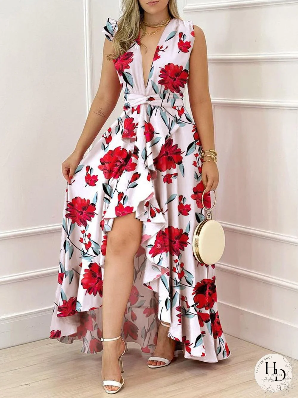 Women'S Dresses Printed V-Neck Irregular Ruffle Dress