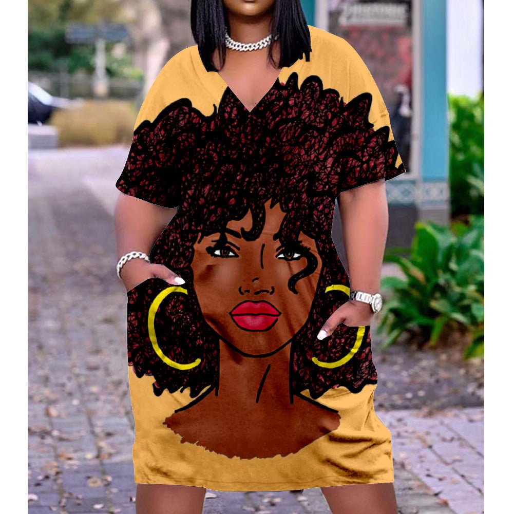 3D printed loose plus size v-neck mid-sleeve dress