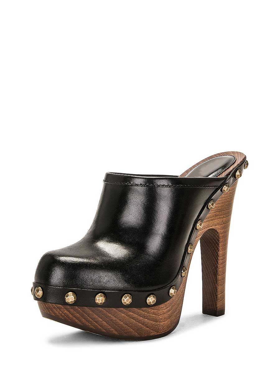 Black Round Toe Heeled Clogs Studded Platform Mules Vintage Shoes