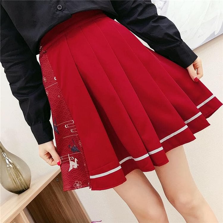Wine/Navy Kawaii Paper Crane Pleated Skirt SP13745