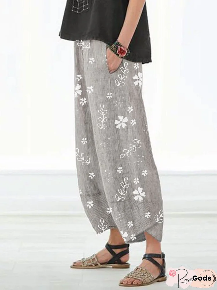 Women Plus Size Floral Printed Pockets Pants