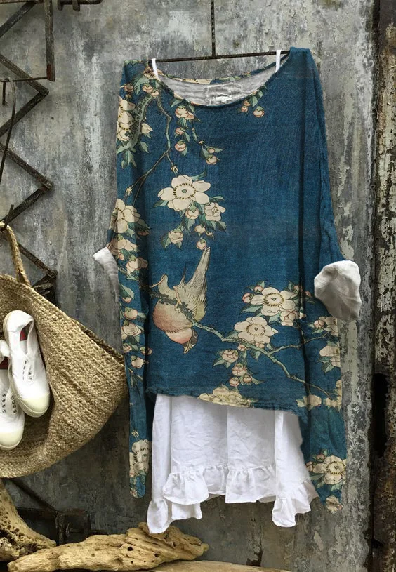 Japanese Flower Bird Print Linen Loose Long Shirt