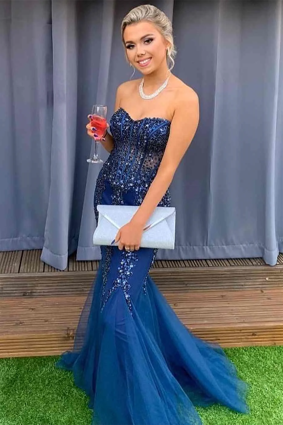Bellasprom Dark Blue Sweetheart Mermaid Prom Dress Backless With Sequins Beadings