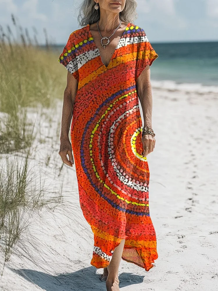 Women's Vintage Art Print Pocket Cotton Dress