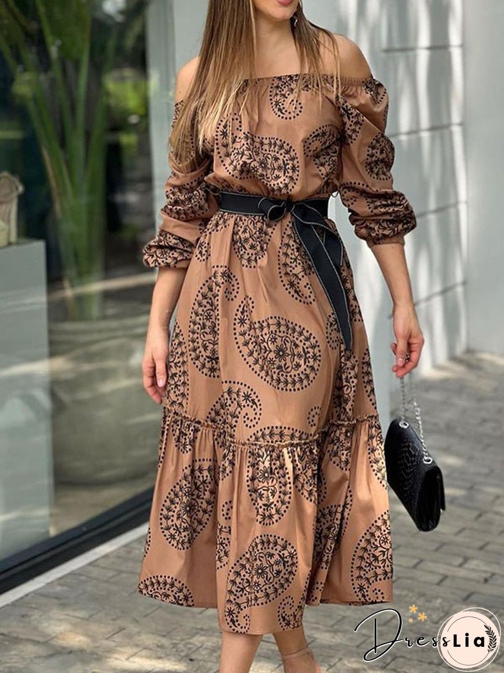 Women'S Dresses One-Shoulder Belted Long Sleeve Print Dress