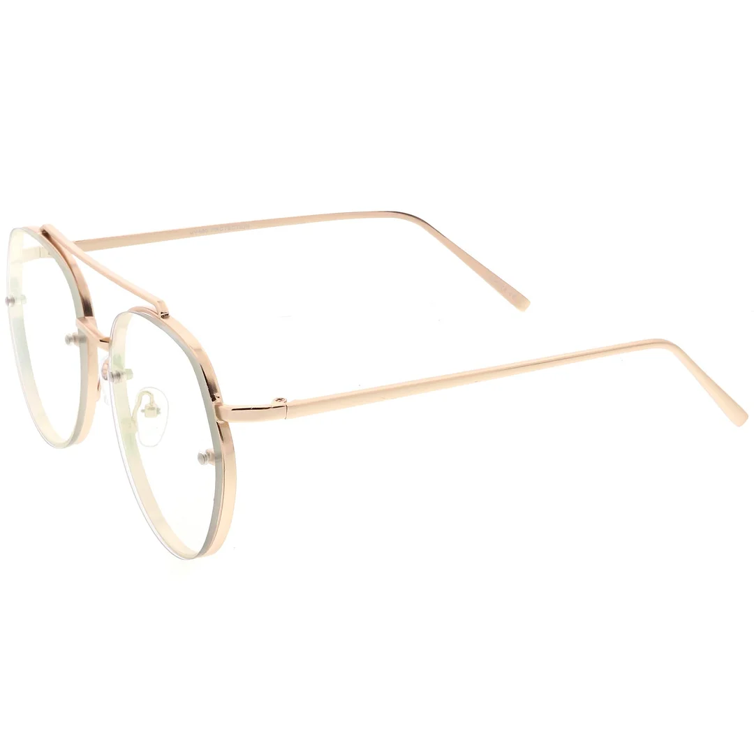 Modern Round Aviator Eyeglasses Slim Brow Bar Rimless Clear Flat Lens  59mm