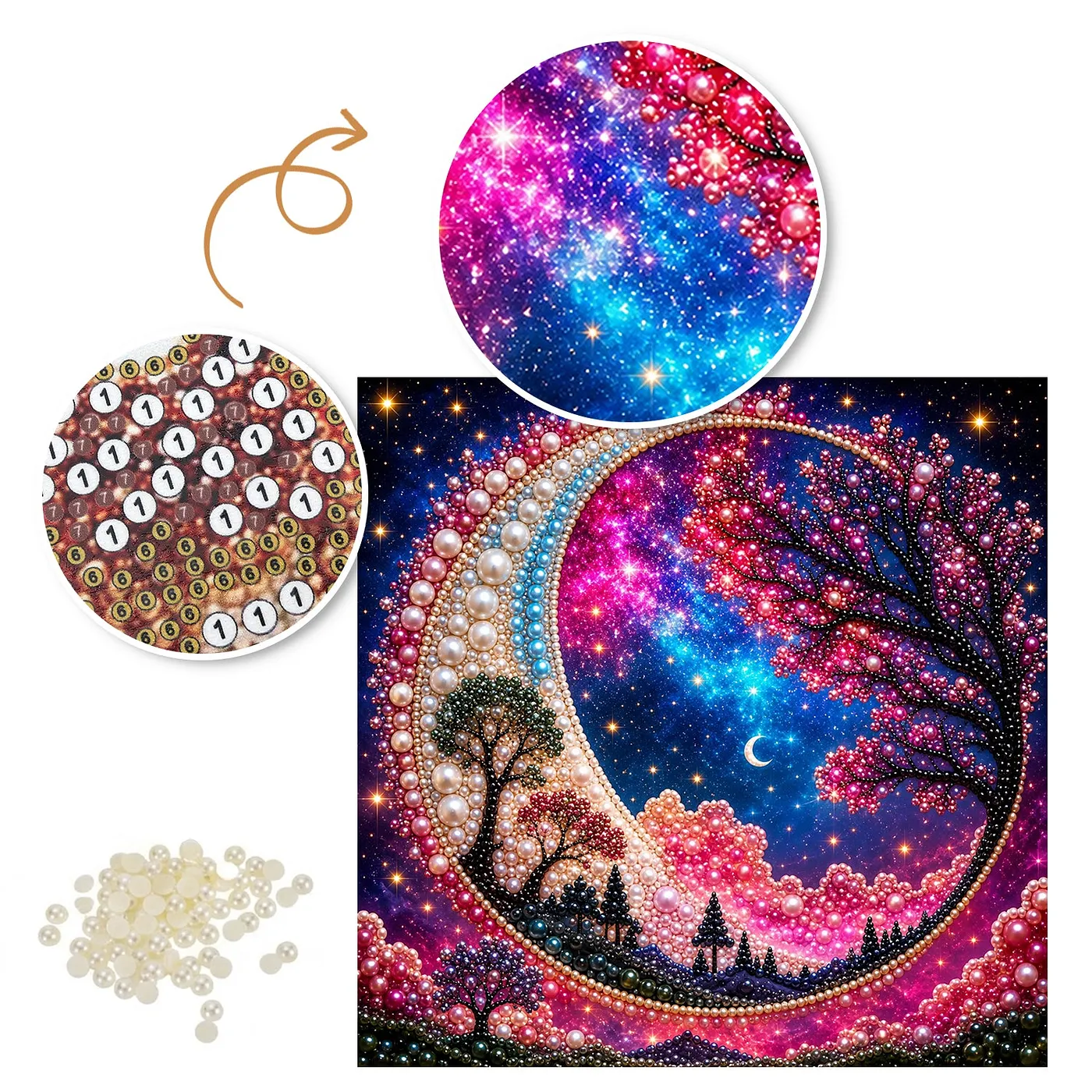 Pink Tree Beneath a Crescent Moon - Pearls Painting