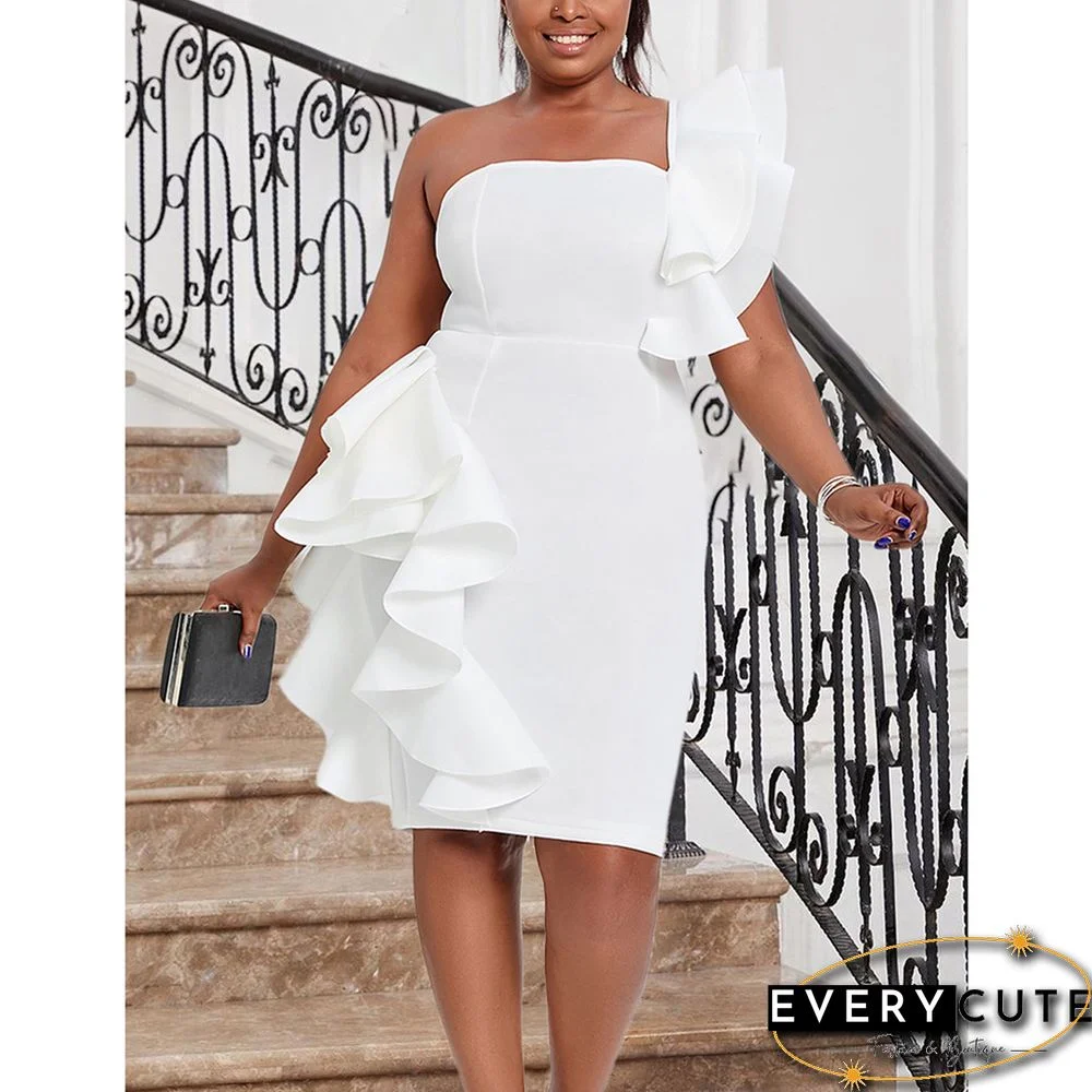 White Solid One Shoulder Bodycon Dress with Ruffles