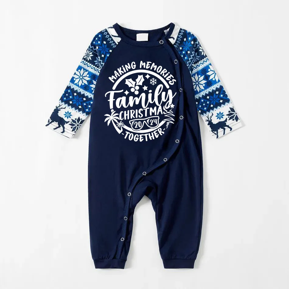 Christmas Make Memories Together 2024 Print Blue Family Matching Pajamas With Dog bandana