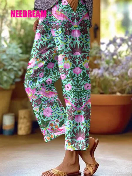 Womens Retro Floral Pattern Pattern Loose Casual Pants (With Pockets)