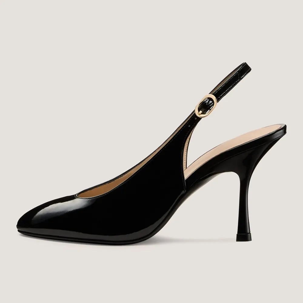 Sleek Black Patent Leather Round Toe Stiletto Heel Slingback Pumps