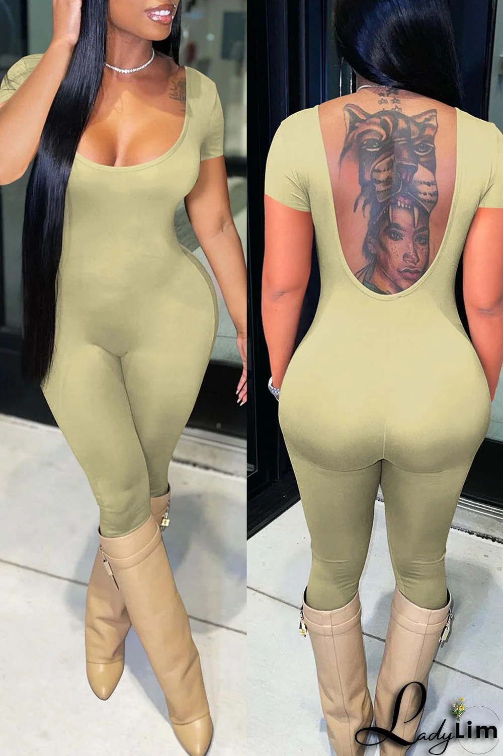 Green Sexy Solid Split Joint Backless U Neck Regular Jumpsuits