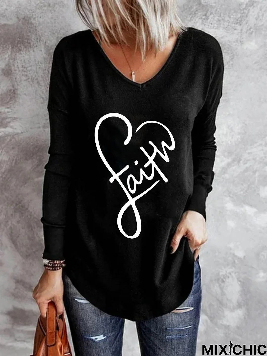 Casual Long Sleeve V Neck Printed Top Tunic T-Shirt