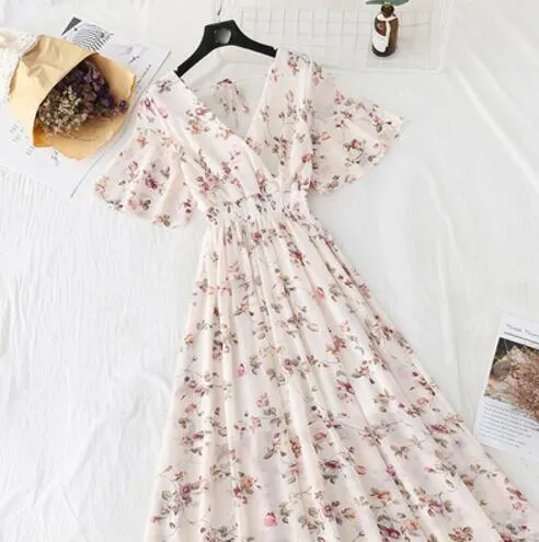 2020 Slim V Neck Summer Midi Long Dress Vestido Party Short sleeve Chiffon dress Women Casual Elegant print A-Line Vestidos