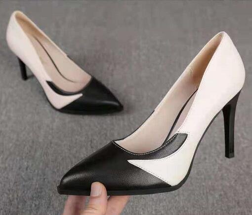 Leather Women's Office Shoes,Soft Rubber Sole,High Heels,Mixed Colors,Pointed Toe,Slip On,Female Fashion Footware,Black/White