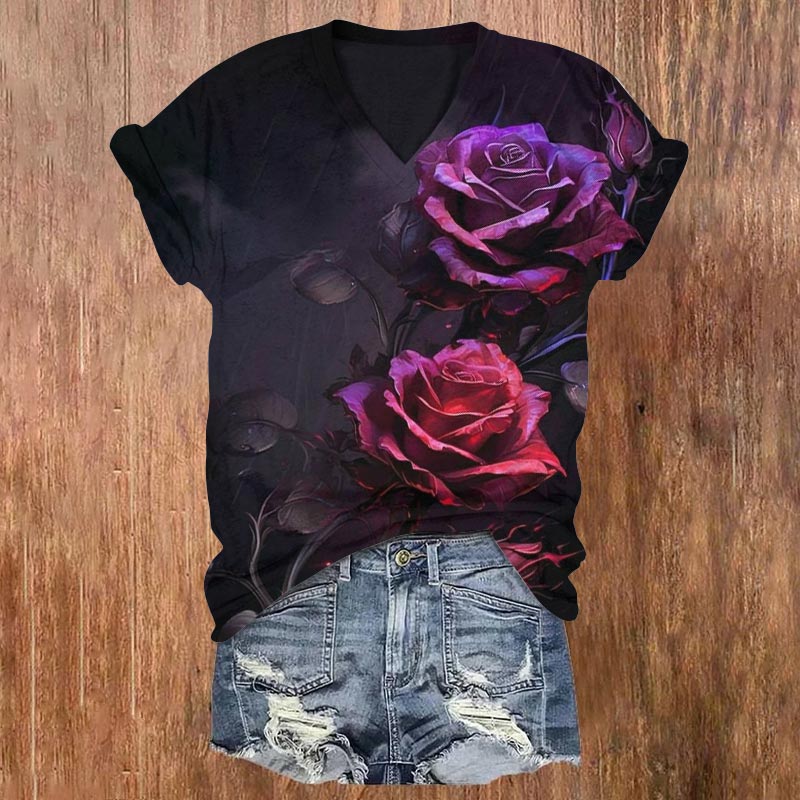 Blooming Rose Oil Painting Print Casual V-neck T-shirt