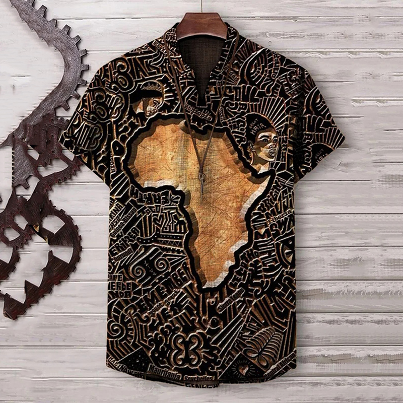 Men's African Map Engraving Art Linen Blend Cozy Shirt