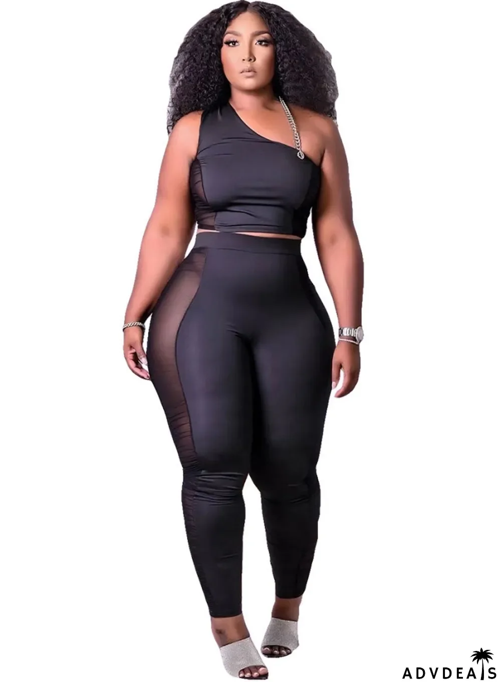 Autumn Black Mesh Patch Tight One Shoulder Crop Top and High Waist Pants 2PC Set