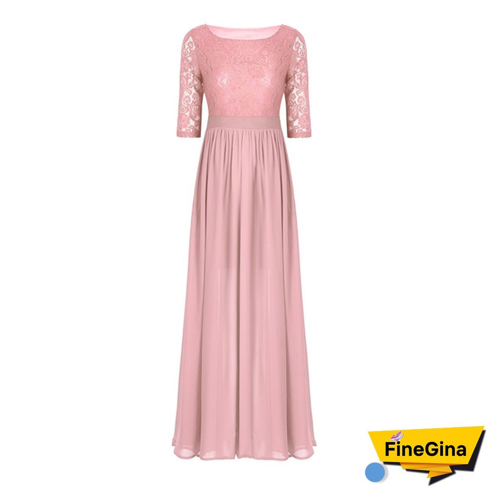 Womens Half Sleeved Embroidered Lace Top Front Slit Chiffon Wedding Bridesmaid Gown Prom