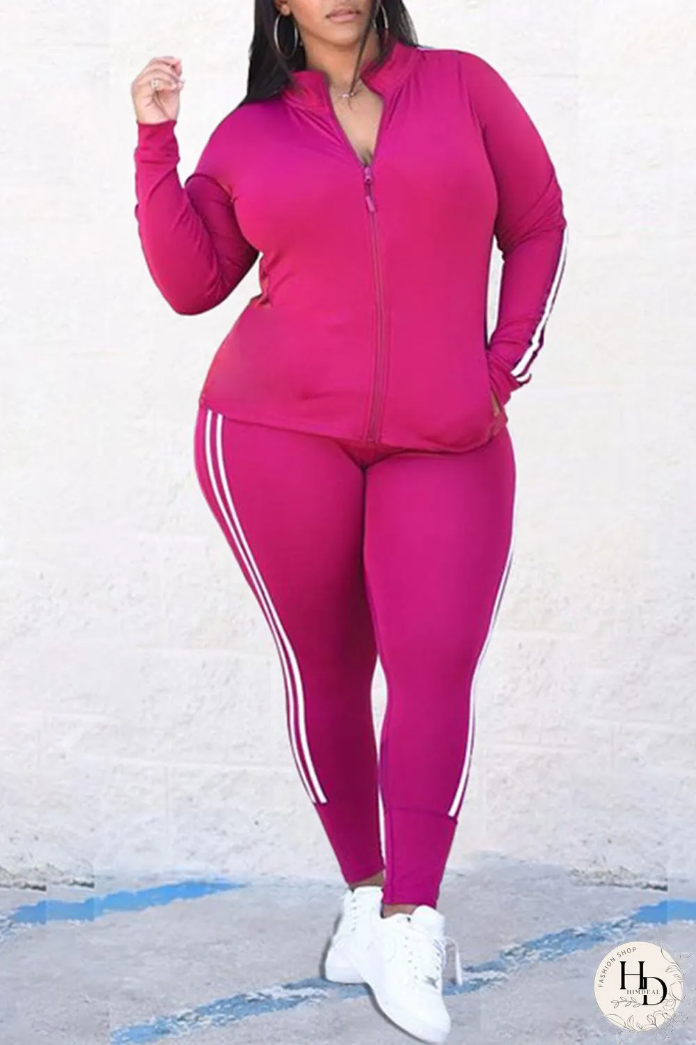 Red Fashion Casual Striped Patchwork Zipper Collar Plus Size Two Pieces