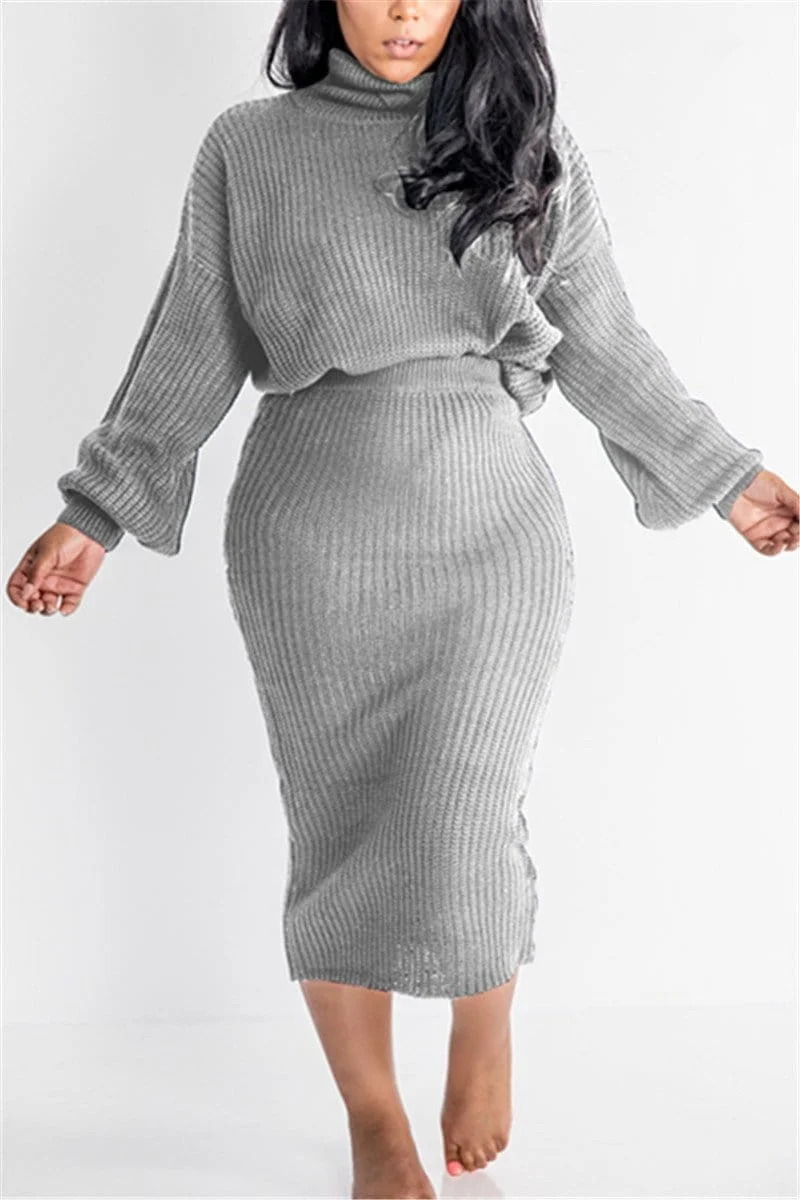 Fashion Turtleneck Solid Color Two Piece