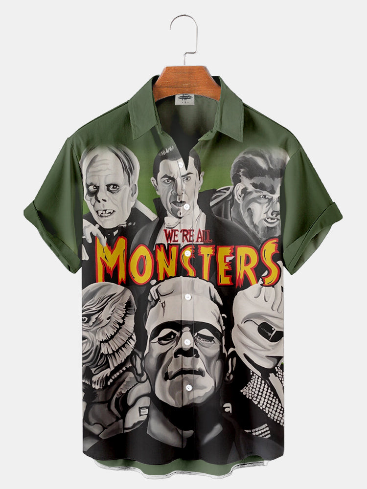 Men's "WE'RE ALL MONSTERS" Classic Monsters Print Shirt PLUSCLOTHESMAN