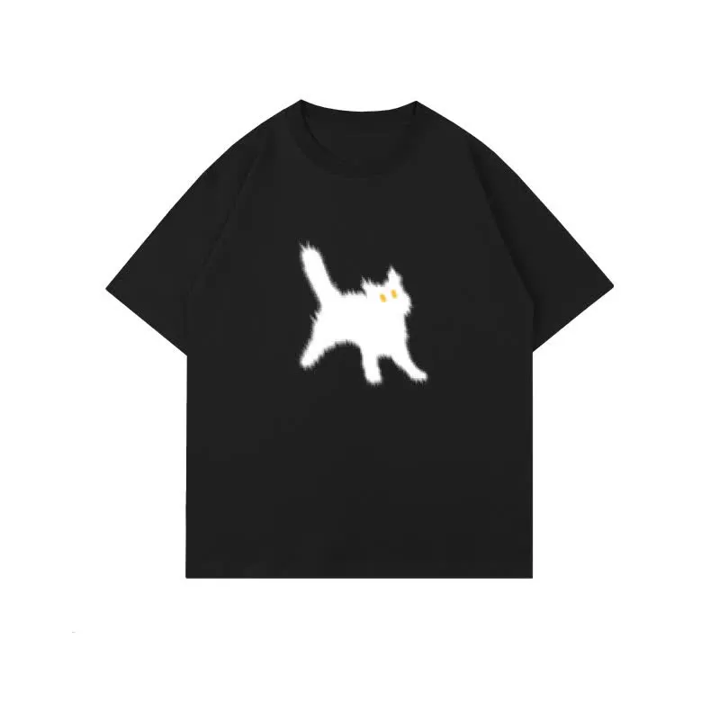 Cartoon Cat Print Round Collar Oversized T-Shirt