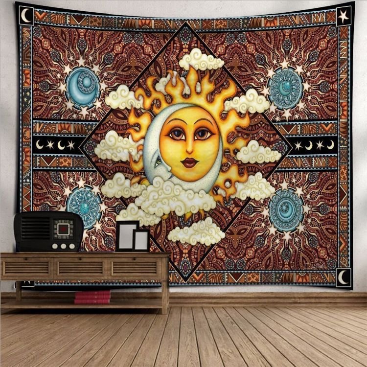 Sun Moon Mandala Tapestry Wall Hanging Celestial Wall Tapestry Hippie Wall Carpets Dorm Decor Psychedelic Tapestry