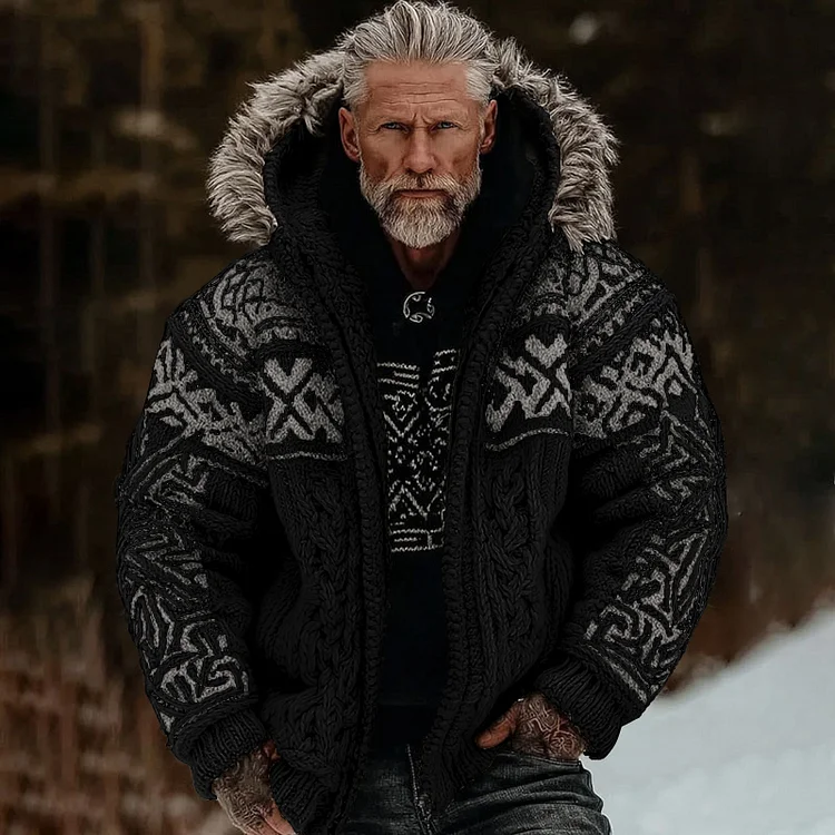 Men's Viking Celtic Art Cozy Fur Collar Knit Hooded Sweater Jacket
