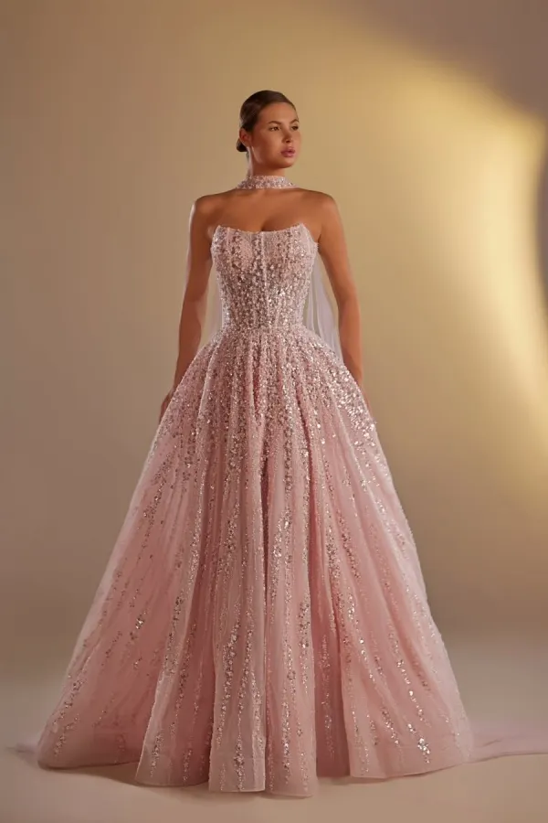 Lvs&Broner Strapless Sleeveless Long Pleated Prom Dress With Beaded Embroidery