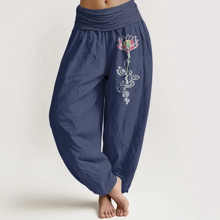 Cotton Simple Lotus Flower Pattern Women's Elastic Waist Harem Pants