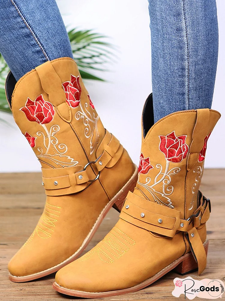 Vintage Floral Embroidered Sleeve Pointed Toe Chunky Heel Cowboy Boots