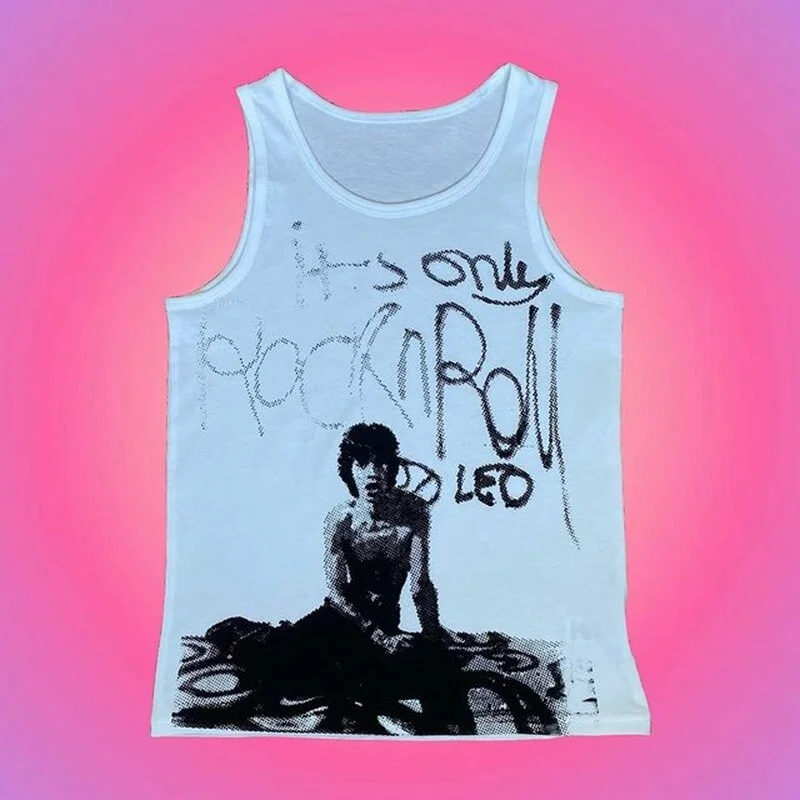 Harajuku Printed White Tank Top Y2K Aesthetic Sleeveless Sweats Tee E-girl Slim Fit Crop Top Mini Vest Punk Gothic Streetwear
