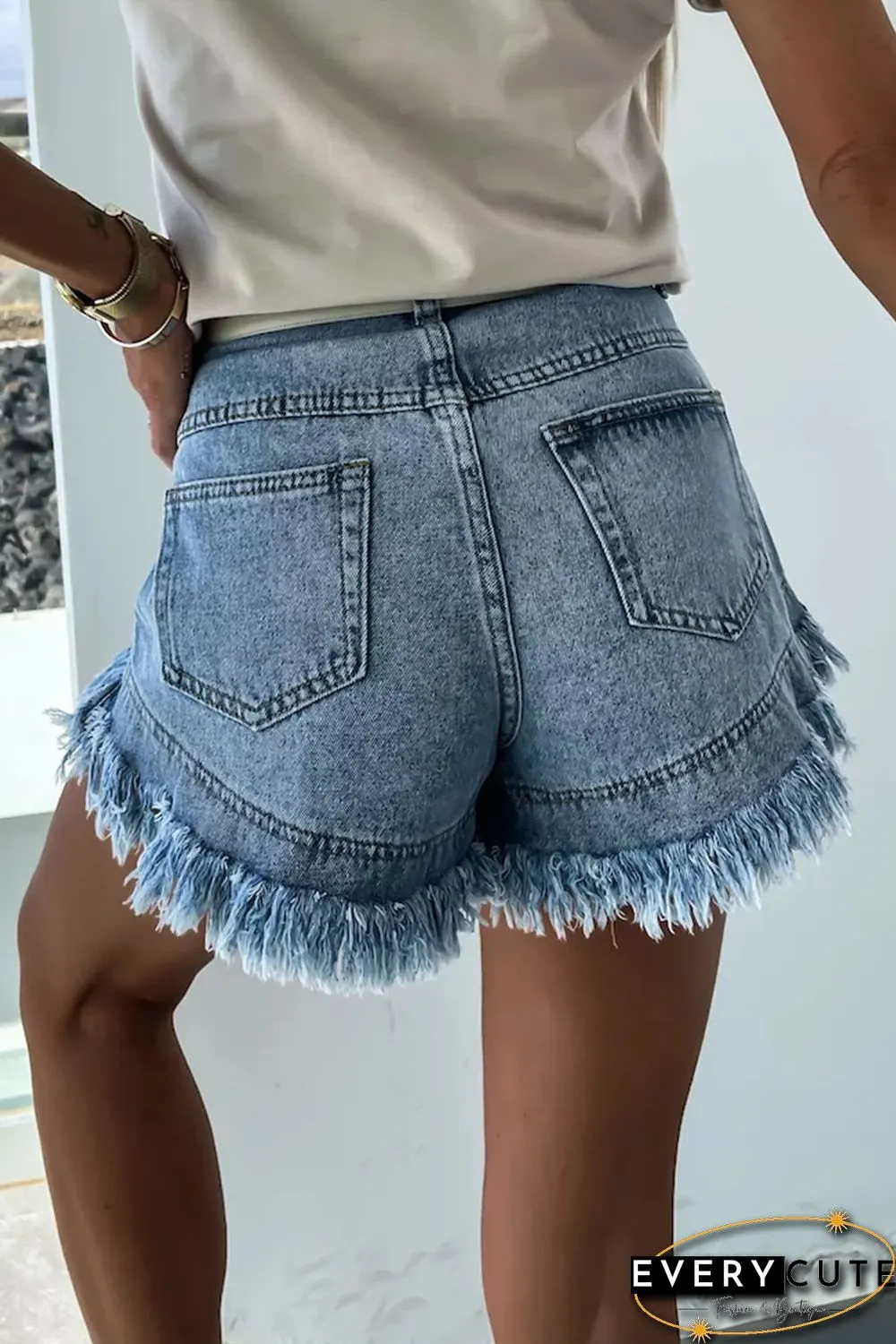Sky Blue Raw Hem Acid Wash Denim Shorts
