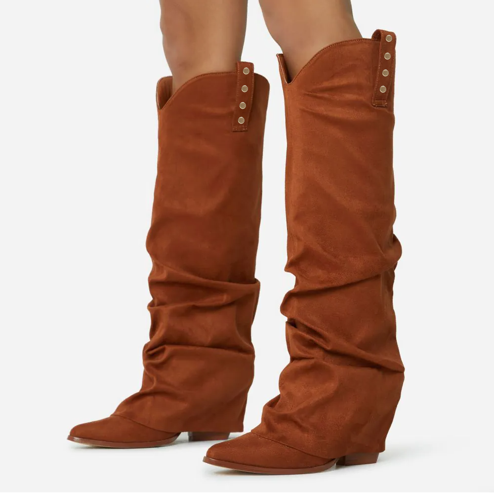 Brown Faux Suede Boots Pointed Toe Cone Heels Boots