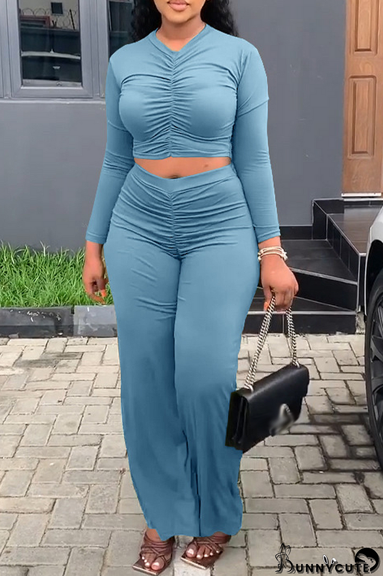 Sky Blue Fashion Solid Fold V Neck Long Sleeve Two Pieces