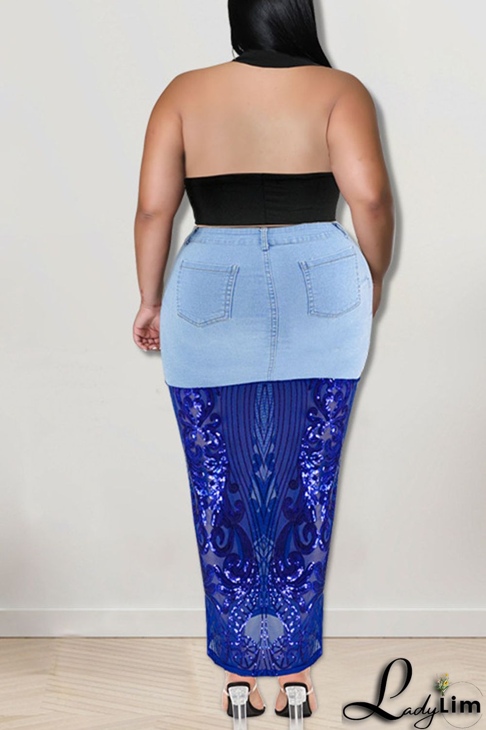 Deep Blue Sexy Solid Embroidered Sequins Patchwork High Waist Denim Skirts