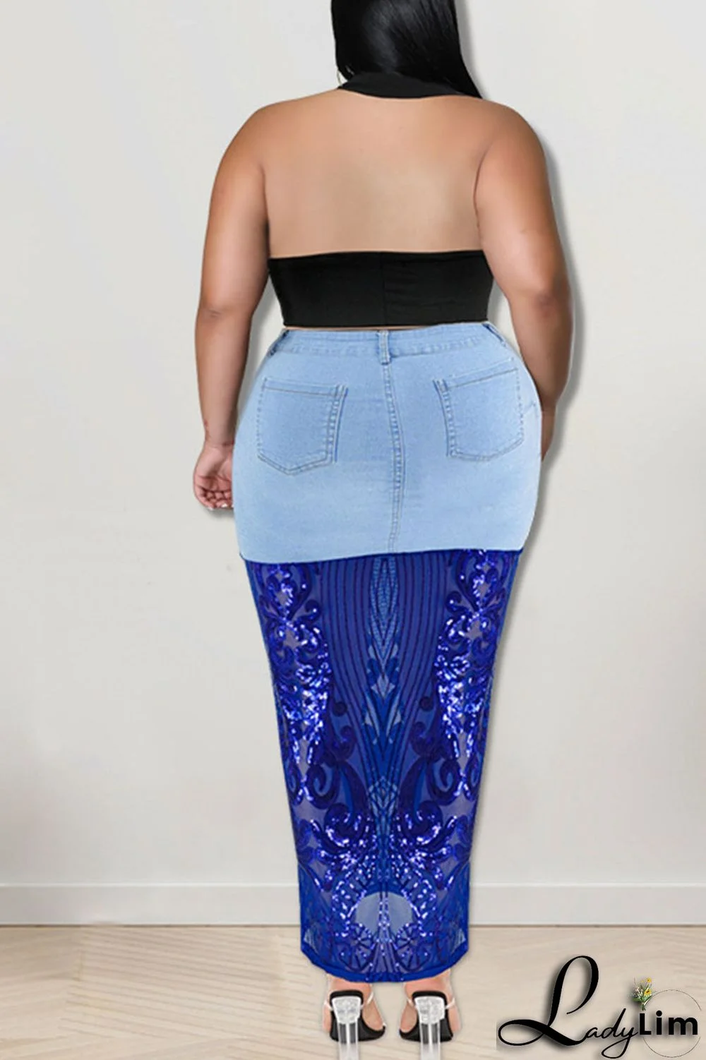 Deep Blue Sexy Solid Embroidered Sequins Patchwork High Waist Denim Skirts