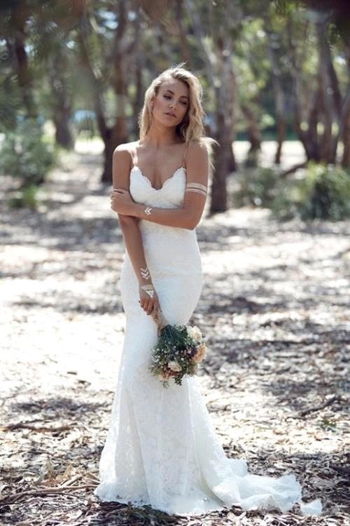Bellasprom Modest V-Neck Open Back Mermaid Wedding Dress With Lace Appliques Spaghetti-Straps