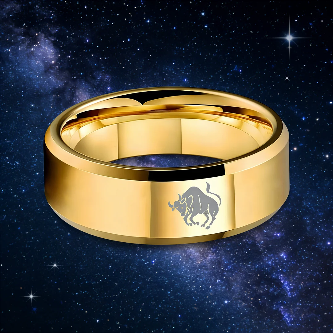 Mens Womens Gold Taurus Tungsten Carbide Rings Gold Edges and Laser Etched Wedding Bands Comfort Fit 4MM 6MM 8MM