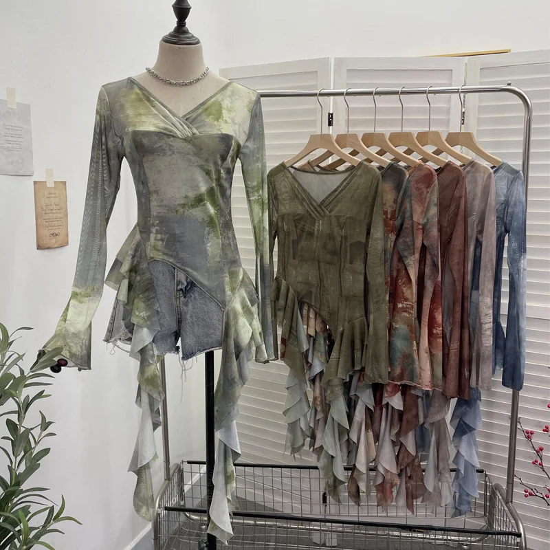 Nigikala Nigikala Shooting Ribbon Mesh Yarn Leaf Side Retro Print V Collar Horn Sleeve Top Spring And Summer Short Repair T-Shirt 8013