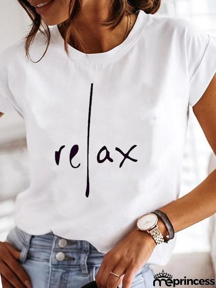 Women Fashion Base Letter Sunflower Cross Print Round Neck Short Sleeve T-Shirt