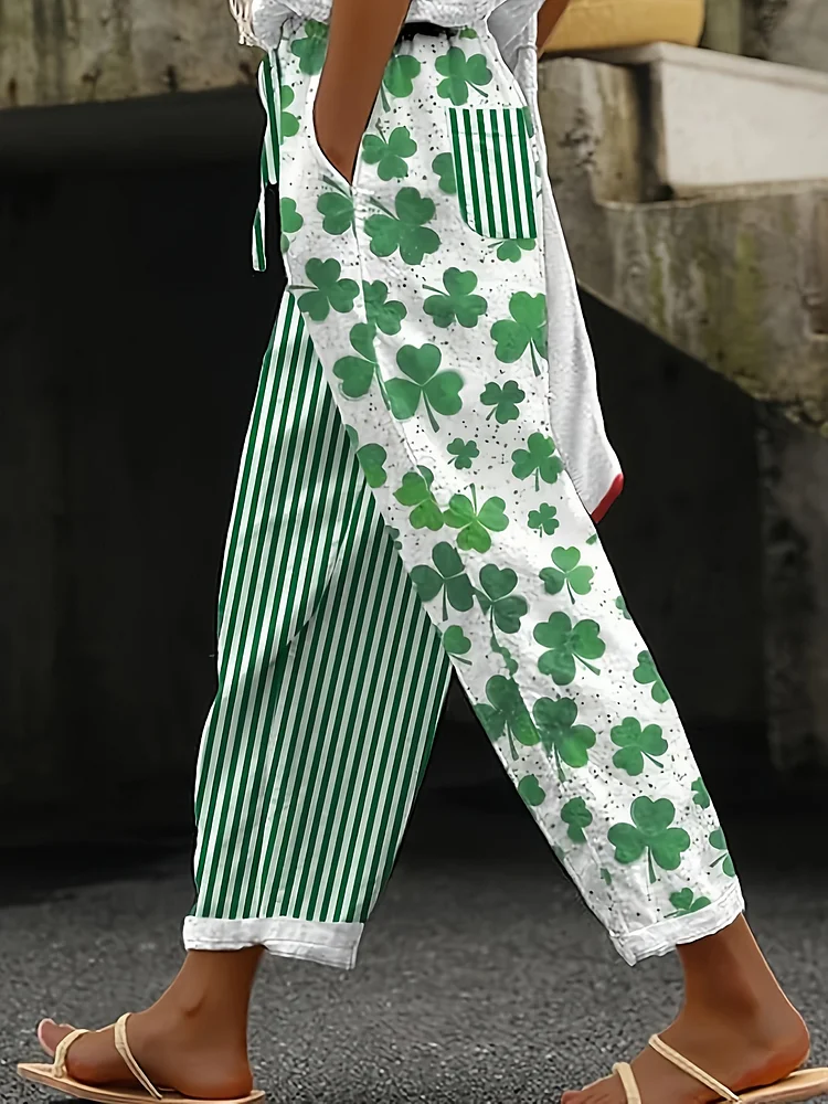 Women&Apos;S Lightweight Pants With Clover & Striped Pattern - Casual Wide-Leg Trousers, Elastic Waistband, Perfect For Spring/Summer/Fall, Spring Summer Wear | Wideleg Trousers | Comfortable Fit