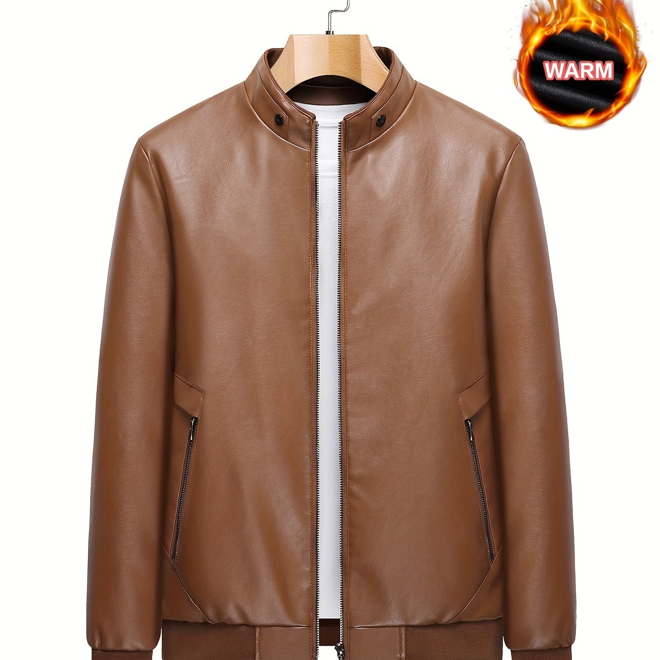 Retro Pu Biker Jacket, Men's Casual Warm Zip Up Stand Collar Faux Leather Jacket For Fall Winter