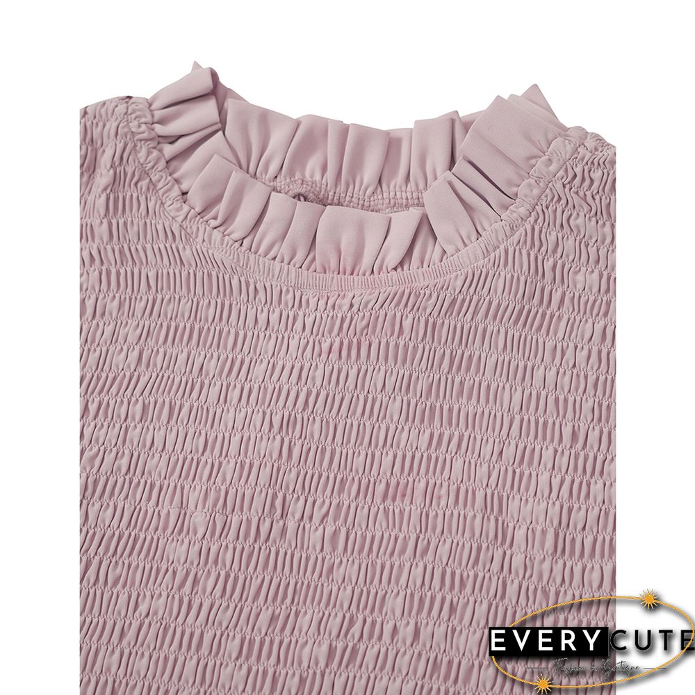 Light Pink Stand Neck Pleated Short Sleeve Dress