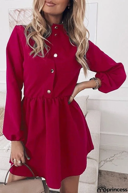 Button Hgih Collar Long Sleeve Mini Dress