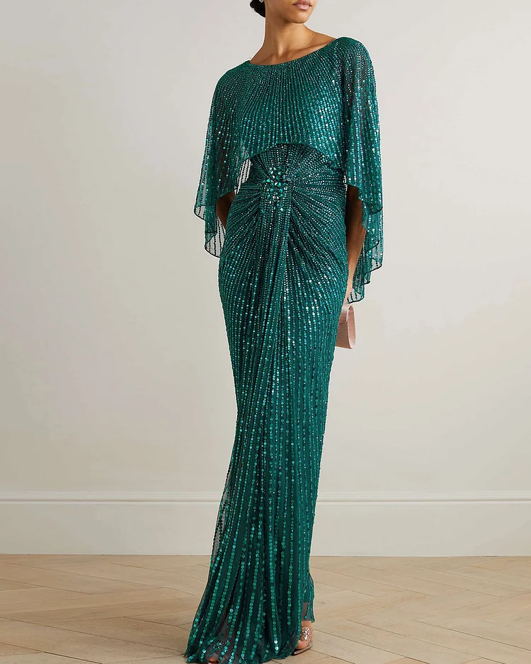 Cape-effect sequin-embellished tulle gown