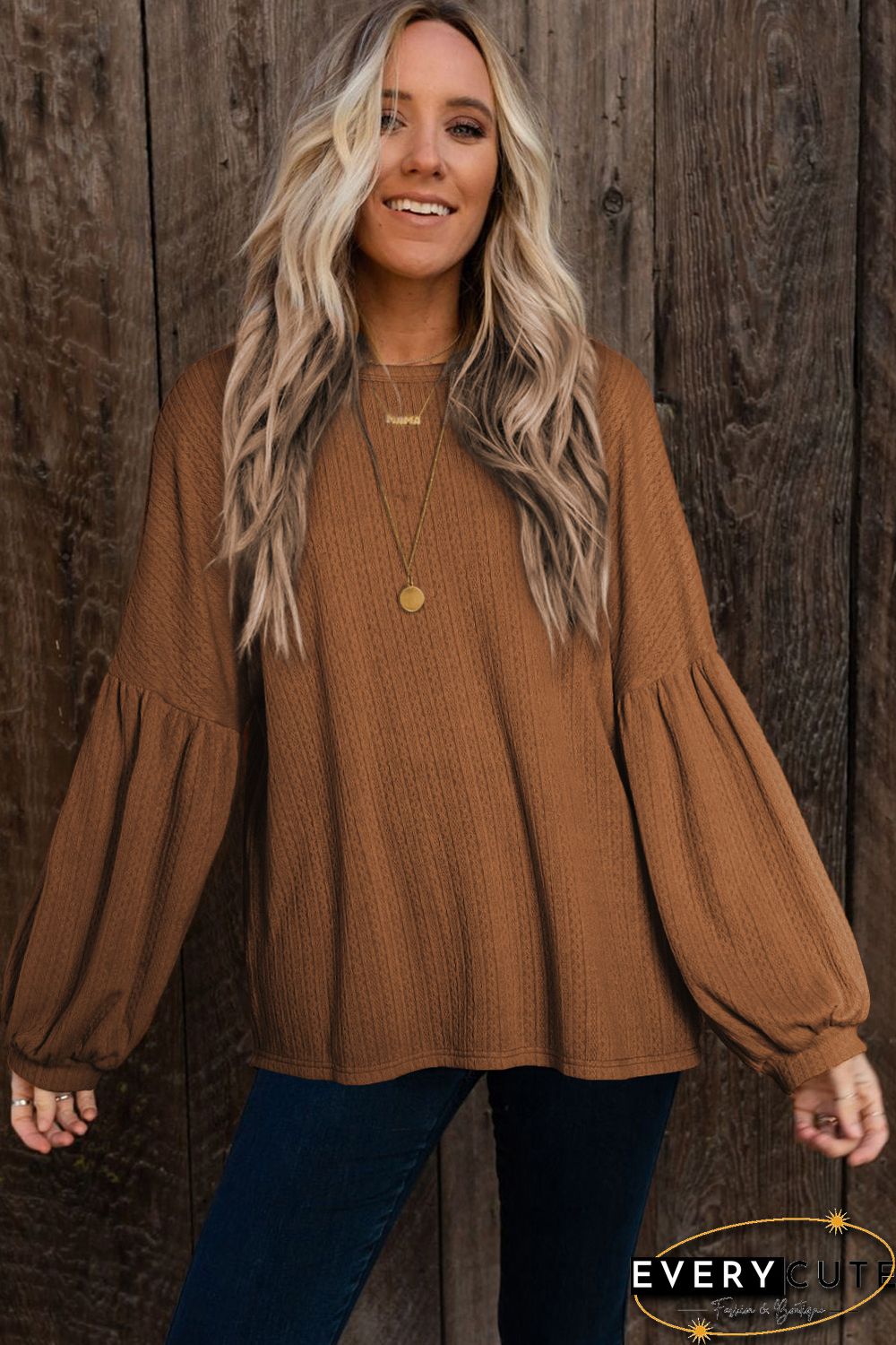 Orange Faux Knit Jacquard Puffy Long Sleeve Top