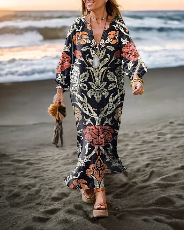 Vintage Ethnic Floral Long-sleeved Cardigan Dress