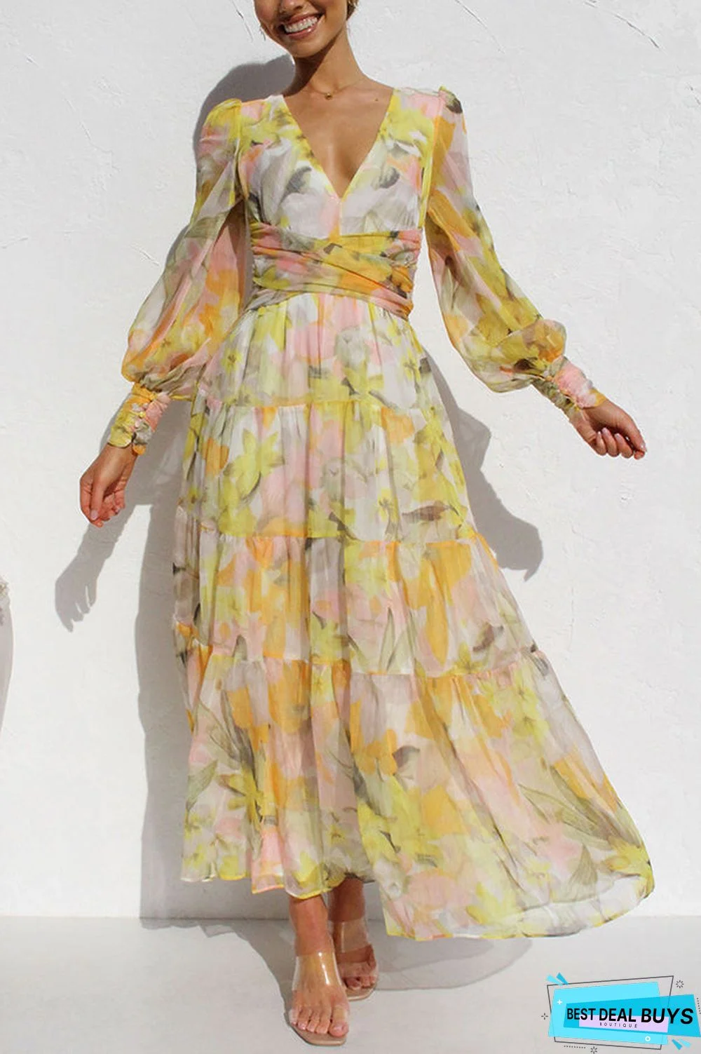 Olena Abstract Floral Balloon Sleeves Maxi Dress